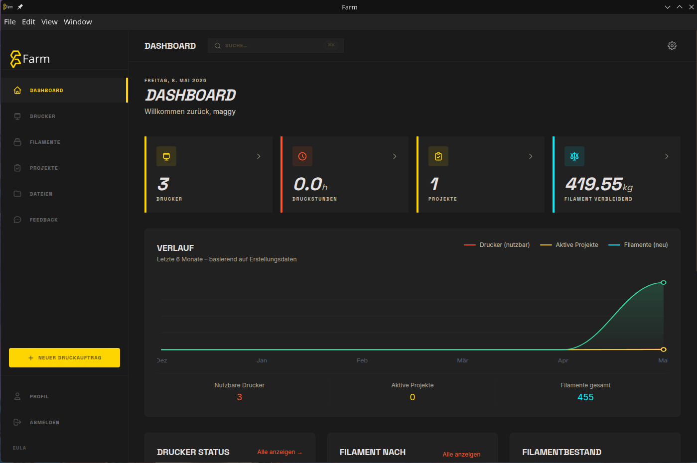 FARM Dashboard mit aktiven Druckern, Druckstunden, Projekten und Filamentbestand