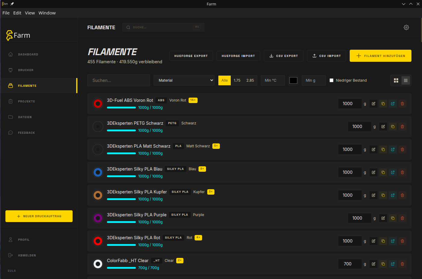 FARM Filament-Liste mit Marke, Farbe, Material und Restmenge je Rolle