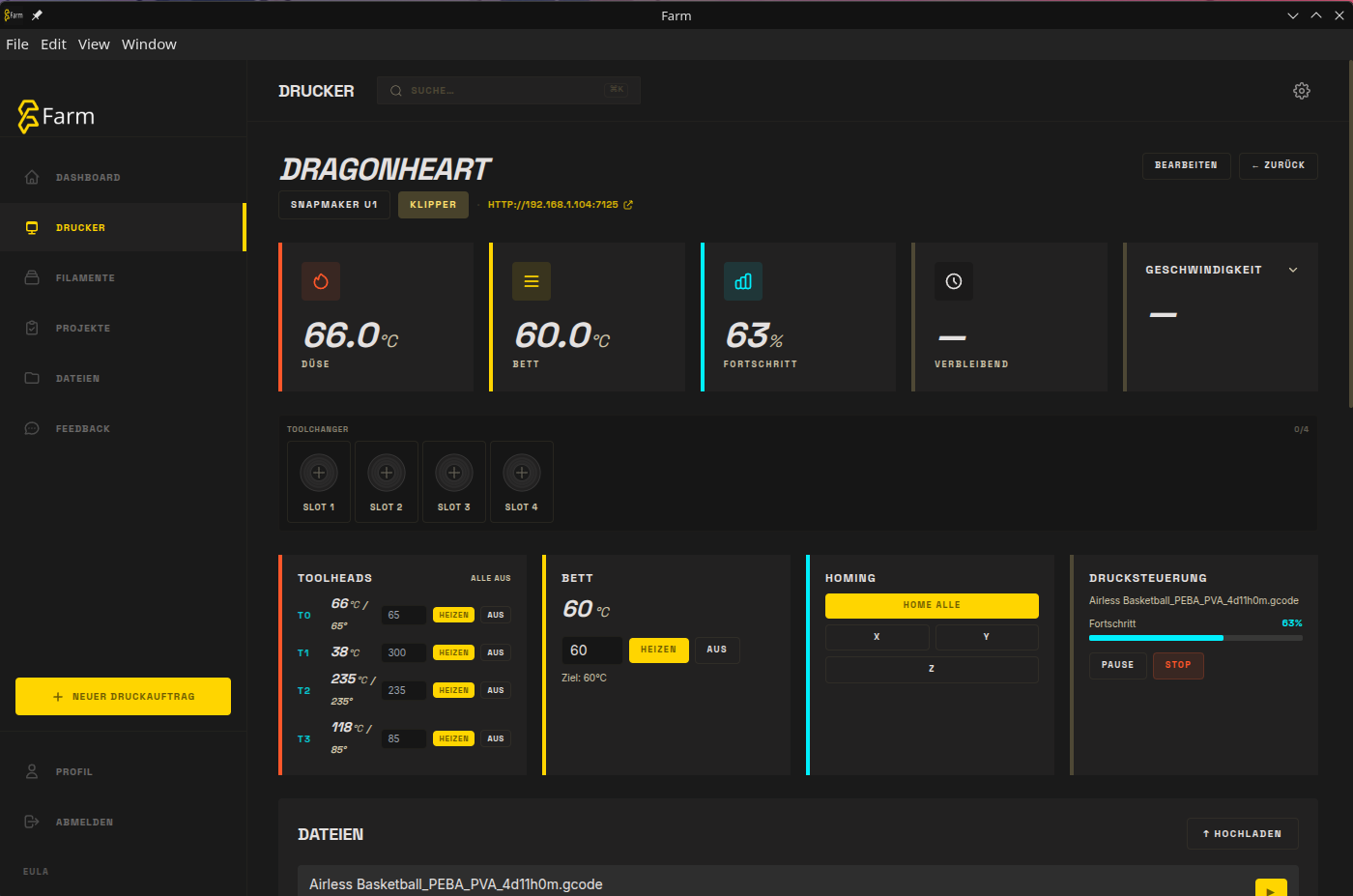 FARM Drucker-Detailansicht mit Live-Temperaturen, Toolchanger, Bett-Steuerung und Druck-Fortschritt